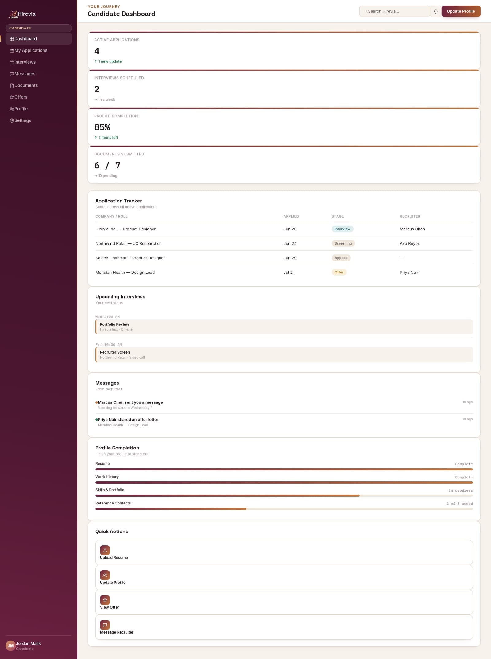 Candidate dashboard in Hirevia